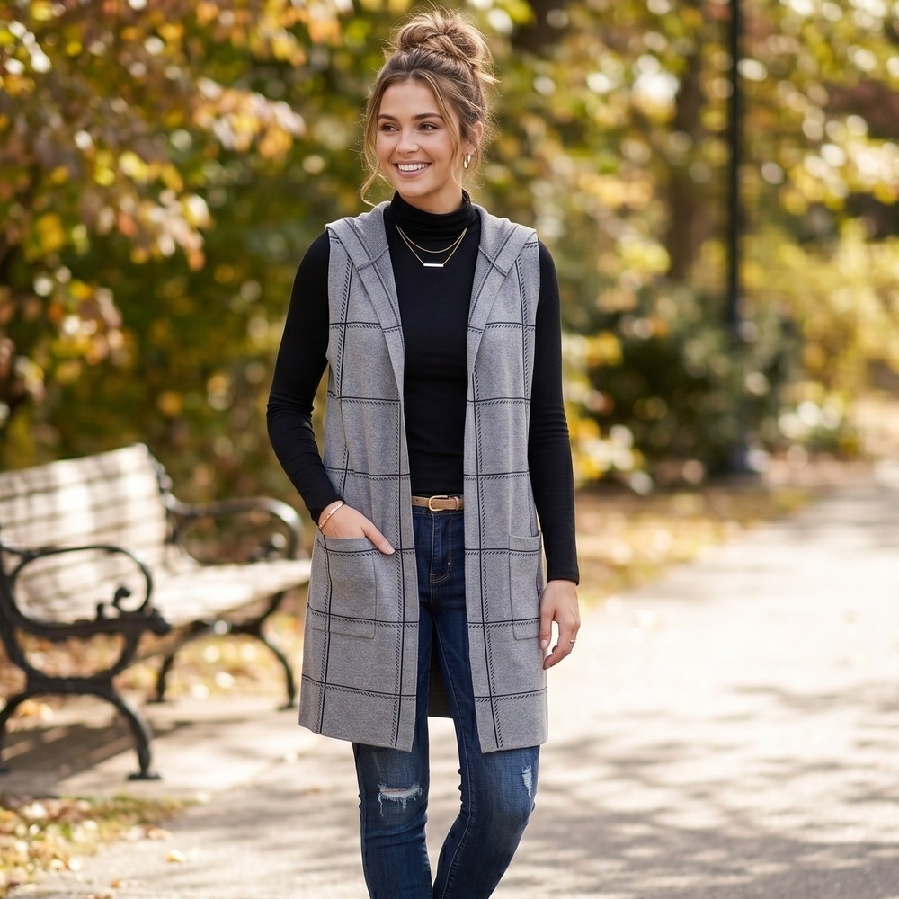 89th & Madison Duster Vest Womens L Grey Plaid‎ Windowpane Hooded Cardigan NWT